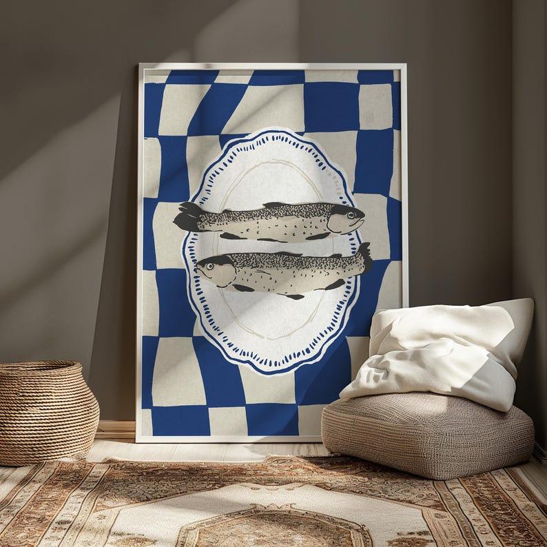 Sardines Poster, Blue Sardines Wall Art, Retro Sardines Print, Blue Checkered Print, Fish Kitchen Decor, Dining Room Decor, Retro Kitche