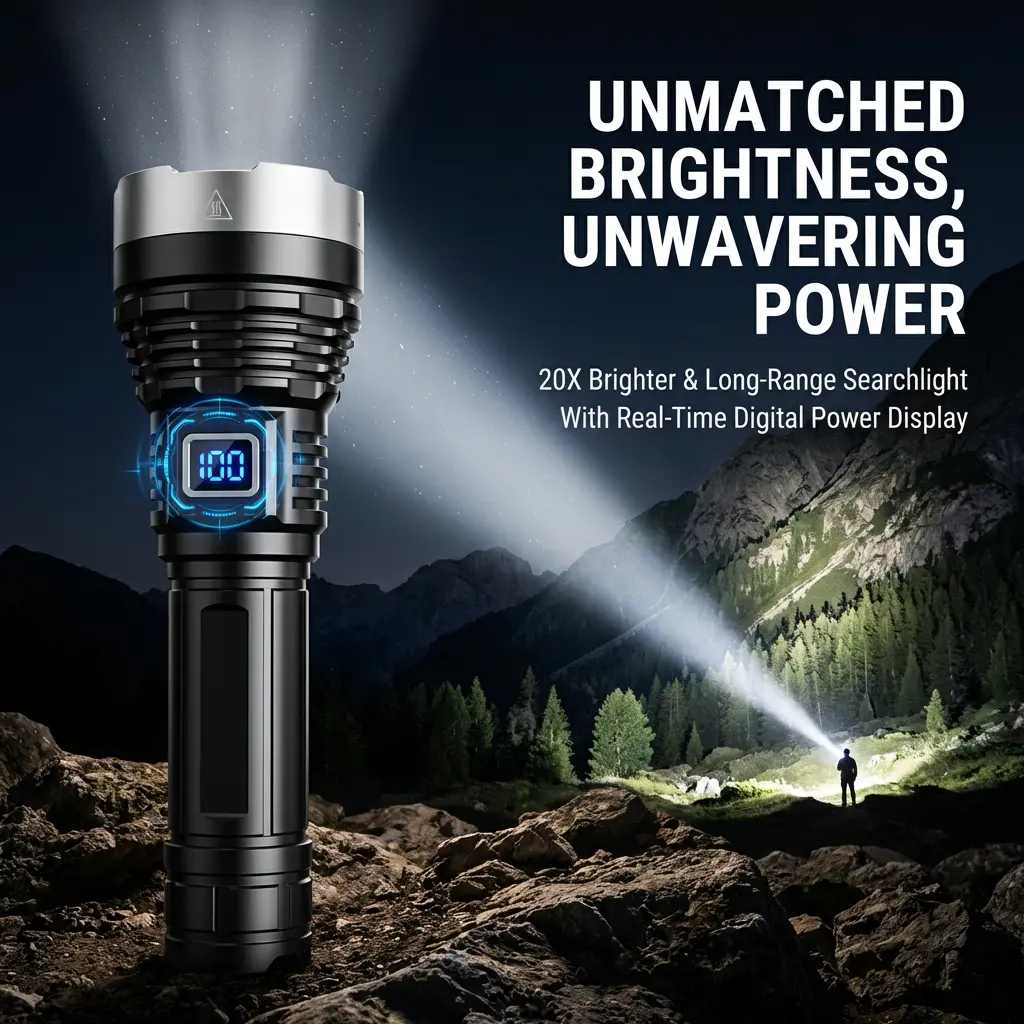 EXOVAN 2-in-1 Strong Flashlight (Power Bank)，Digital display of power, Rechargeable，Zoomable, , X4Waterproof, Adjustable Brightness Flash Light for Outdoor, Emergency, Camping Accessories，Black