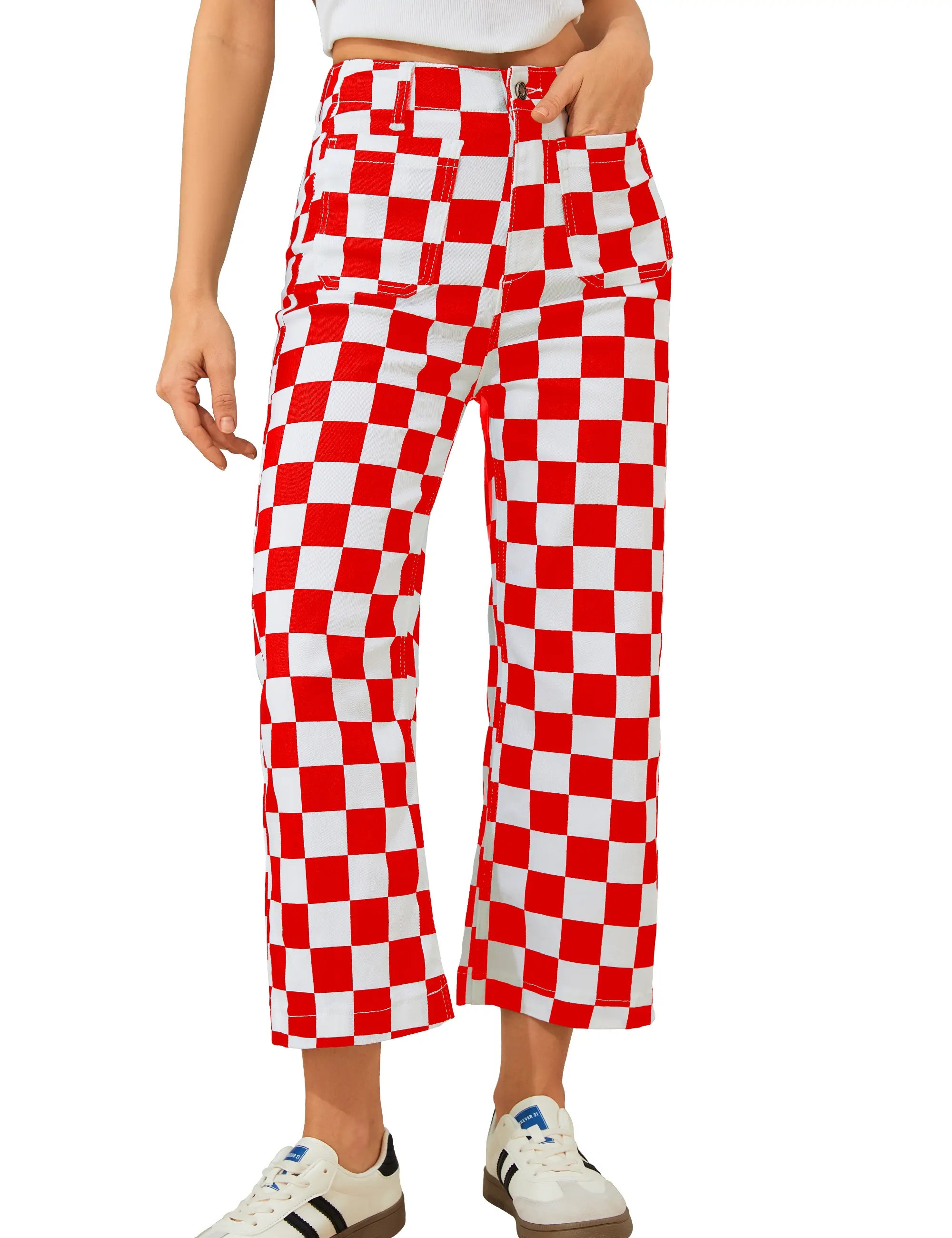 Odefou Football Fans Women High Waist Straight Leg Cropped Checkered Jeans Soft Stretch Plaid Ankle Trousers with Zip Button & Multi Pockets All Season Casual Concert Party Womenswear Teacher Daily Outfits Sweet Birthday Holiday Mother's Day Gift