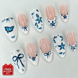 S44 Delft Blue Ceramic Press-On Nails, Handpainted Florals, Ribbons & Bird Motif, Custom Press-On Nail, Y2K, Elegant Style, Solana Nails Town