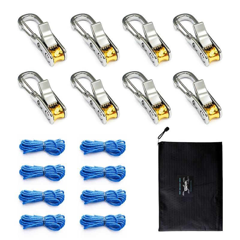 8-Pack QEG Heavy-Duty Rollercam Rope Tensioner & Tightening Tool, Easy-to-Use Tie Down for Camping Tents, Canopies, Kayaking, Includes 8 Reflective Cords + Carry Bag, Ideal for Beginners & Outdoor Equipment
