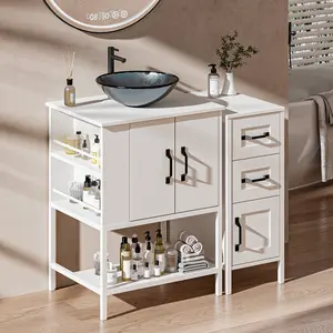 VNN Bathroom Vanity with Sink - 36 Inch Bathroom Vanity with Sink, Open Shelves and 3 Storage Drawers Side Cabinet, Modern Iron Wood Cabinet with Countertop Tempered Glass Vessel, White