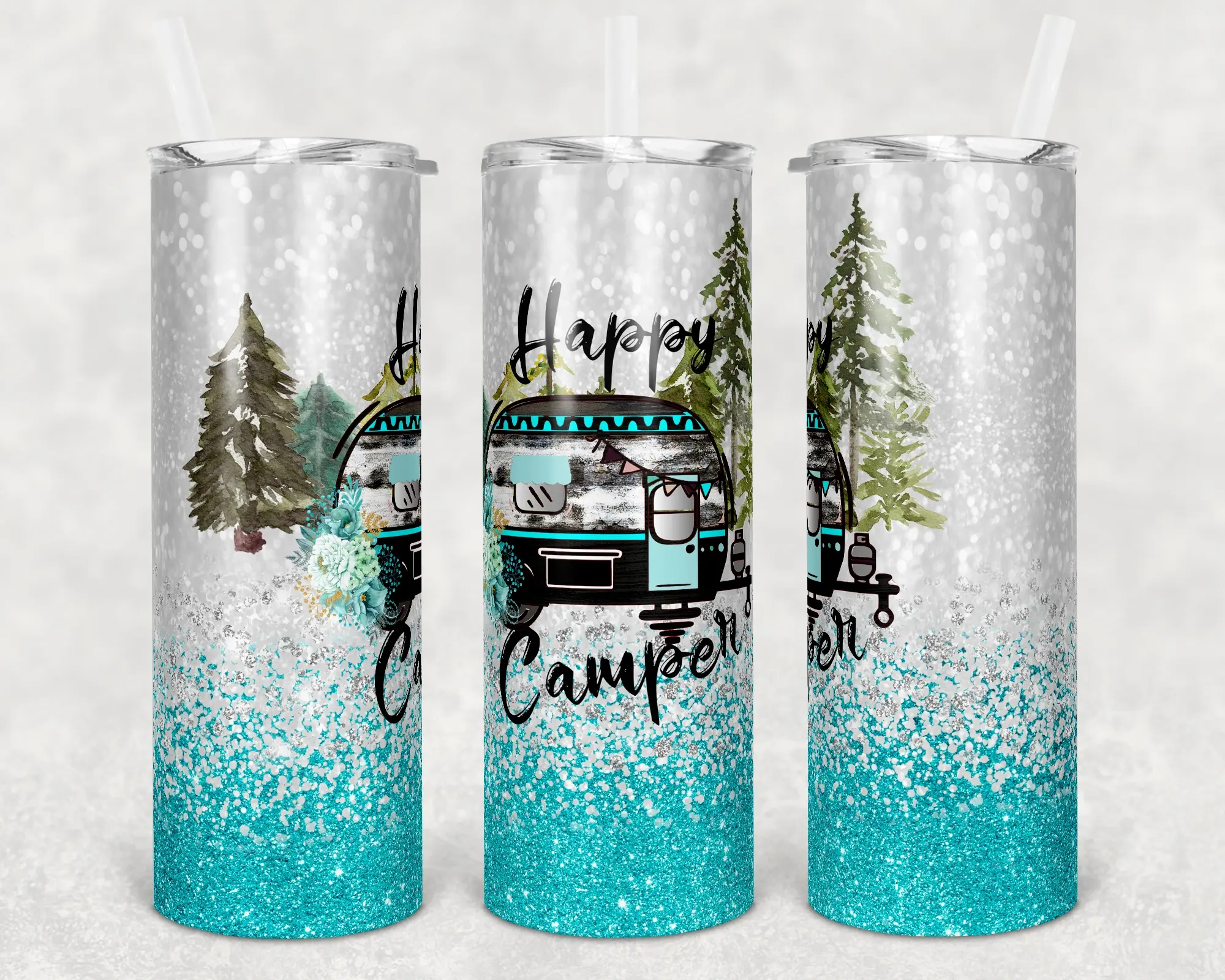 Camping Happy Camper 20oz Tumbler Insulated Skinny with Lid & Straw for Hot Coffee & Cold Drinks Portable Sublimation Customizable