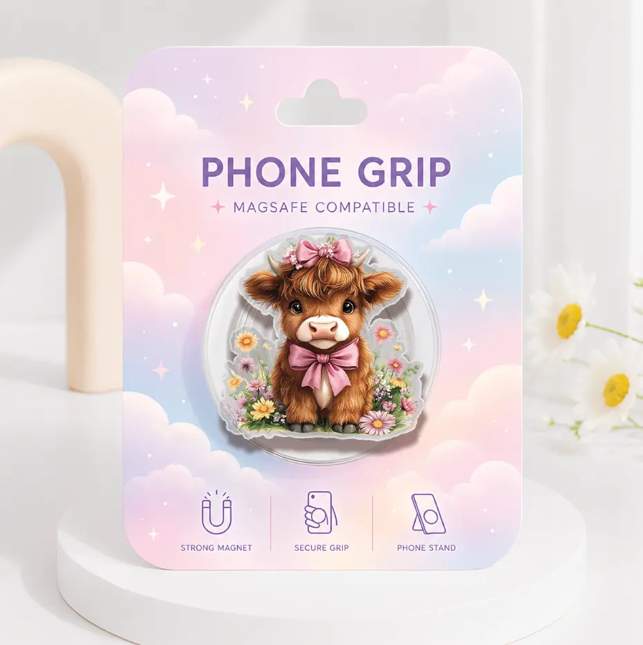 ATBG Vintage Flower Highland Cow MagSafe Phone Grip, Cute Farmhouse Animal Magnetic Pop Socket, Cottagecore Highland Cow Acrylic Kindle Grip, Gift for Her