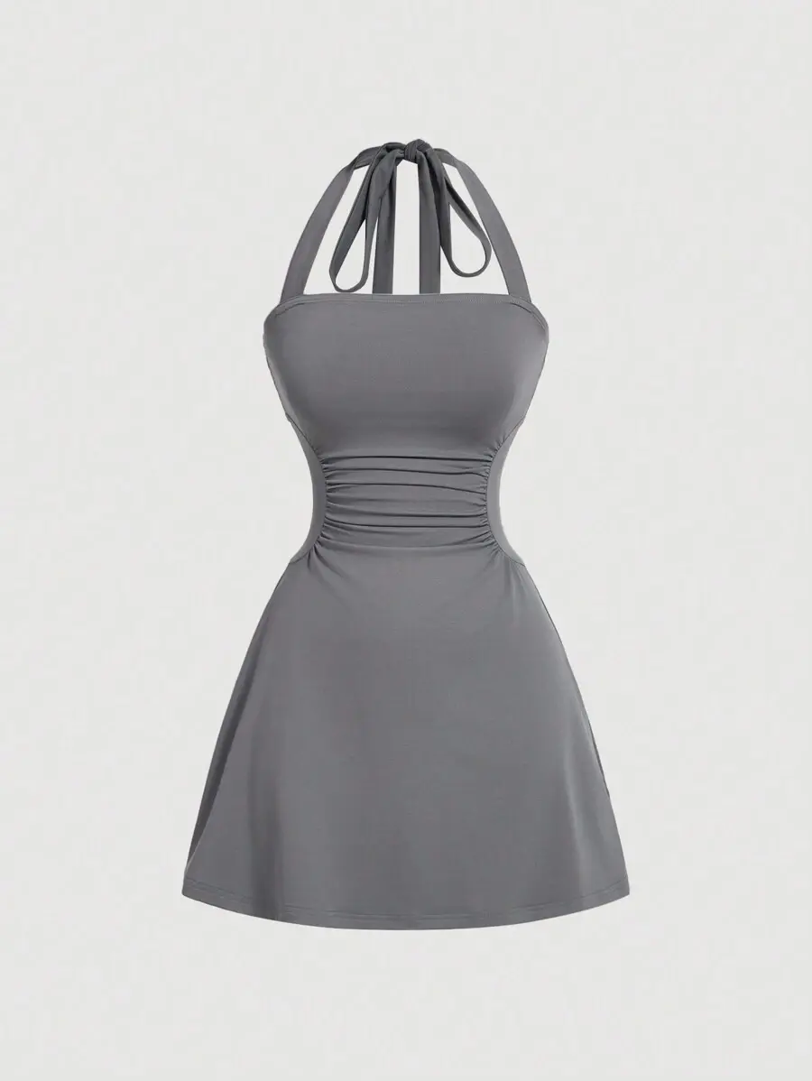 Women's Gray Halter Neck & Cinching Waist A-Line Mini Dress,Chic Elegant Summer Party Night Outfits,Tea Party,Prom,Date Night,Casual Y2k Grey Dress