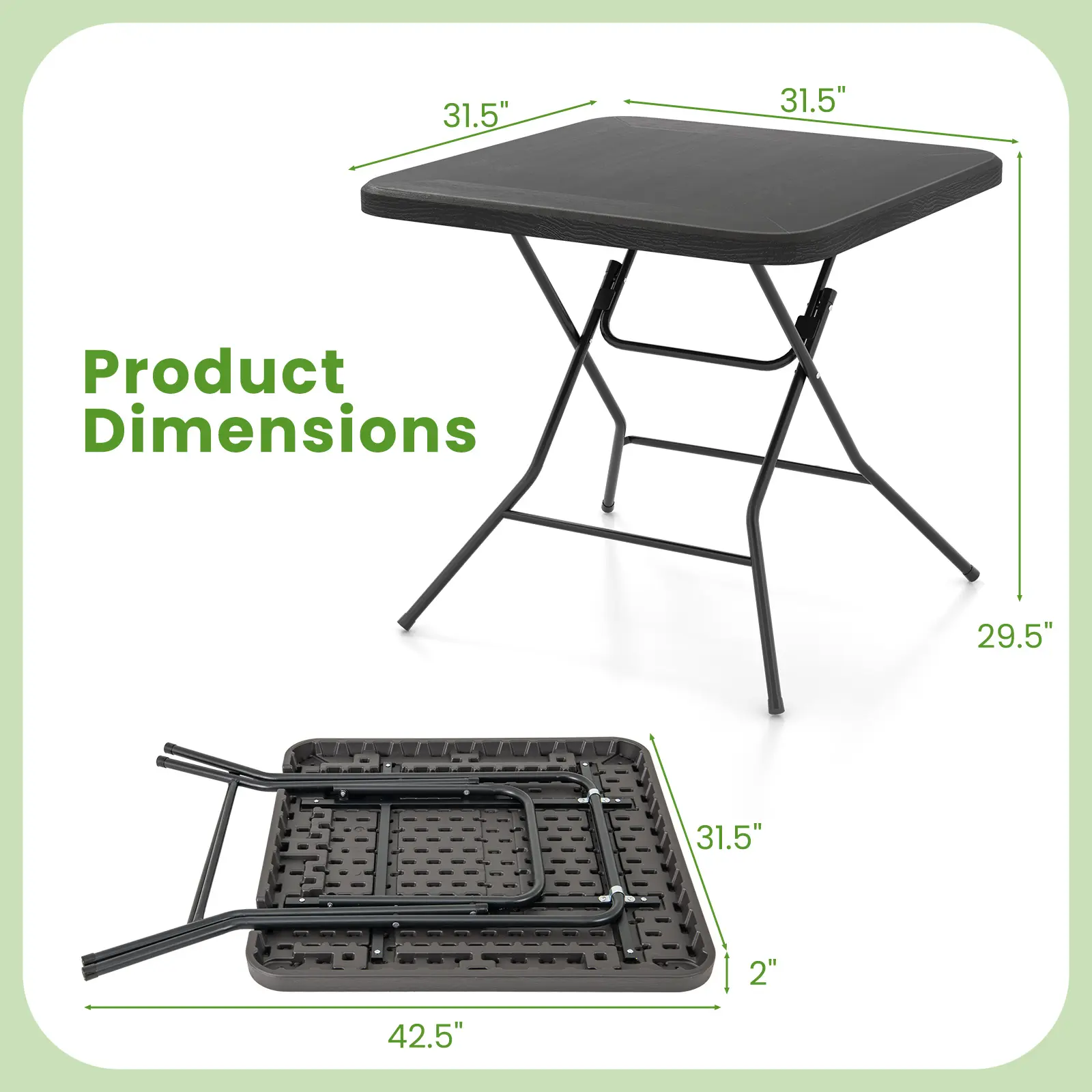COSTWAY - 2.6FT Foldable Dining Table with Wood Grain HDPE Tabletop and Non-slip Foot Pads-Black