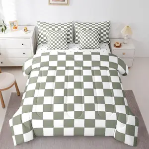 White Sage Green Checkered Bedding Set,7 Piece Buffalo Plaid Grid Comforter Set with Sheets for Kids Adults Men Women Checkerboard Bed in A Bag Aesthetics Gingham Bed Set