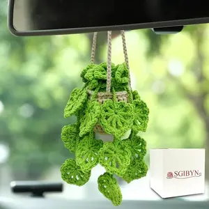 Handmade Crocheted Plant Car Pendant, Cute Knitted Hanging Basket Flower Doll, Rearview Mirror Hanging Ornament, Boho Car Interior Decor Accessories for Women