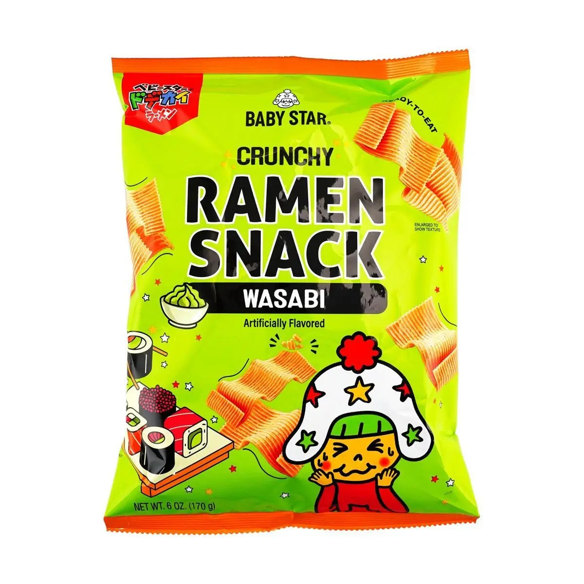 BABYSTAR Wasabi Flavor Snack Noodles - Crispy Wide Noodles, 170g Japanese Senbei Style
