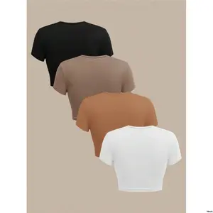 tiktokBASICS4pcs / SetCasualSolidColorKnittedCrewNeckShortSleeveFittedBasicCropTopTeeShirtsForWomen