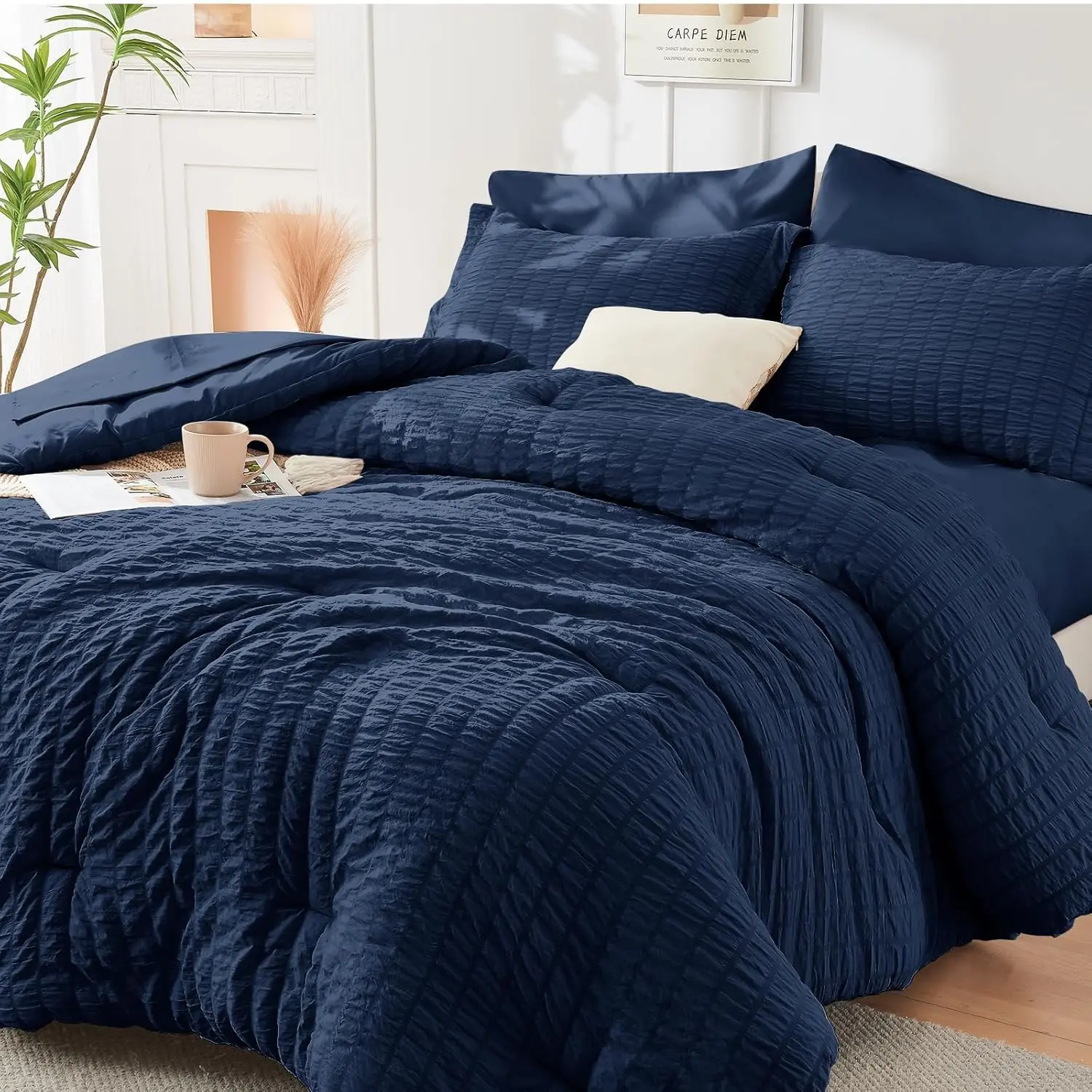 Beige California King Seersucker Bedding Set - Wrinkle Resistant, Durable All-Seasons Pleated Texture Microfiber Comforter, Pillowcases, Shams, Machine Washable, Gently Fluff Under Sun for Bedroom Use