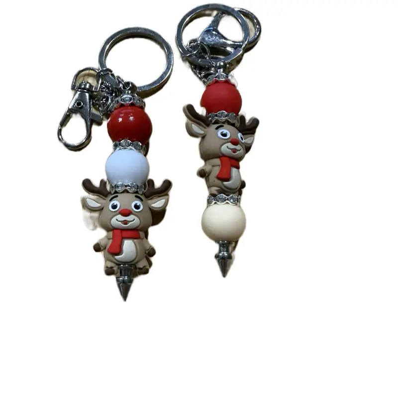 Red White and Plaid Reindeer Keychain and Pen Set with Festive Beads and Charm for Holiday Gifts
