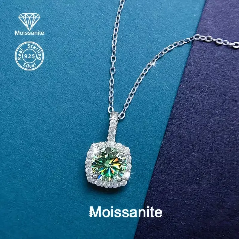 925 Sterling Silver 1CT Teal Green Moissanite Pendant Necklace, Cushion Halo Design, Elegant Women's Jewelry, Perfect for Daily Wear/Weddings/Parties, Ideal Gift for Birthday/Valentine's Day/Mother's Day