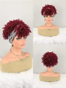Short Bob Synthetic Wig, Curly Burgundy Wavy Wig with Fringe, Wrap-Around Dual-Purpose Headscarf, Braided High Bun Wig, Hairband Included