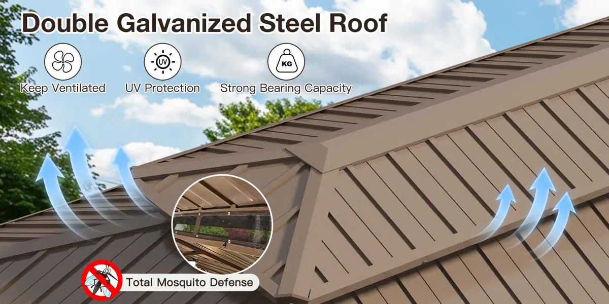 Jolydale Hardtop Gazebo, Outdoor Gazebo with Galvanized Steel Double Roof, Patio Gazebo with Breathable Netting & Privacy Curtain, Decor Hooks for Backyard, Brown,home decor,camping essentials