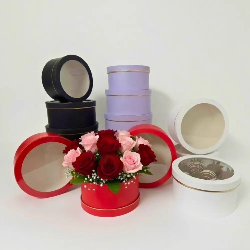 Set of 3 Round Boxes with Clear Window Lids, Various Colors, W200