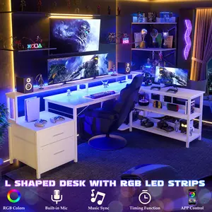 Cyclysio L Shaped Desk with File Drawer, 72.8" Reversible L Shaped Computer Desk with Power Outlet & LED Strip, Gaming Desk with Long Monitor Stand, Office Desk Corner Desk with Storage Shelf,