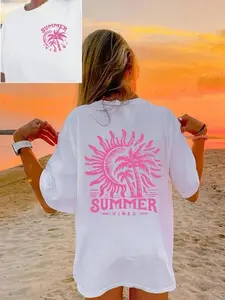 Women's Palm Tree & Sun Print Round Neck Tee, Casual Short Sleeve T-shirt for Summer, Ladies Sleepwear for Beach Vacation, Top
