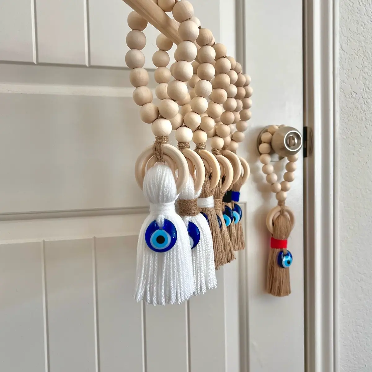 Large Wooden Guardian Amulet Tassel with Glass Evil Eye Bead | Door-Knob Handle Hanging | Modern Home Aesthetic Décor