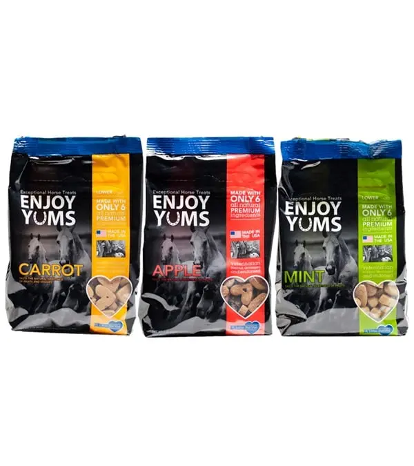 Enjoy Yums Equestrian Horse Treats, Crunchy Carrot Flavor Bites, 1 lb Bag, Fruit & Veggie Blend for Feeding, Supports Healthy Skin, Coat & Muscle Building, Natural, Vegetables, Rice Bran, Healthy Coat, Crisp Crunch, Building Muscle, No Animal Feed Waste,,
