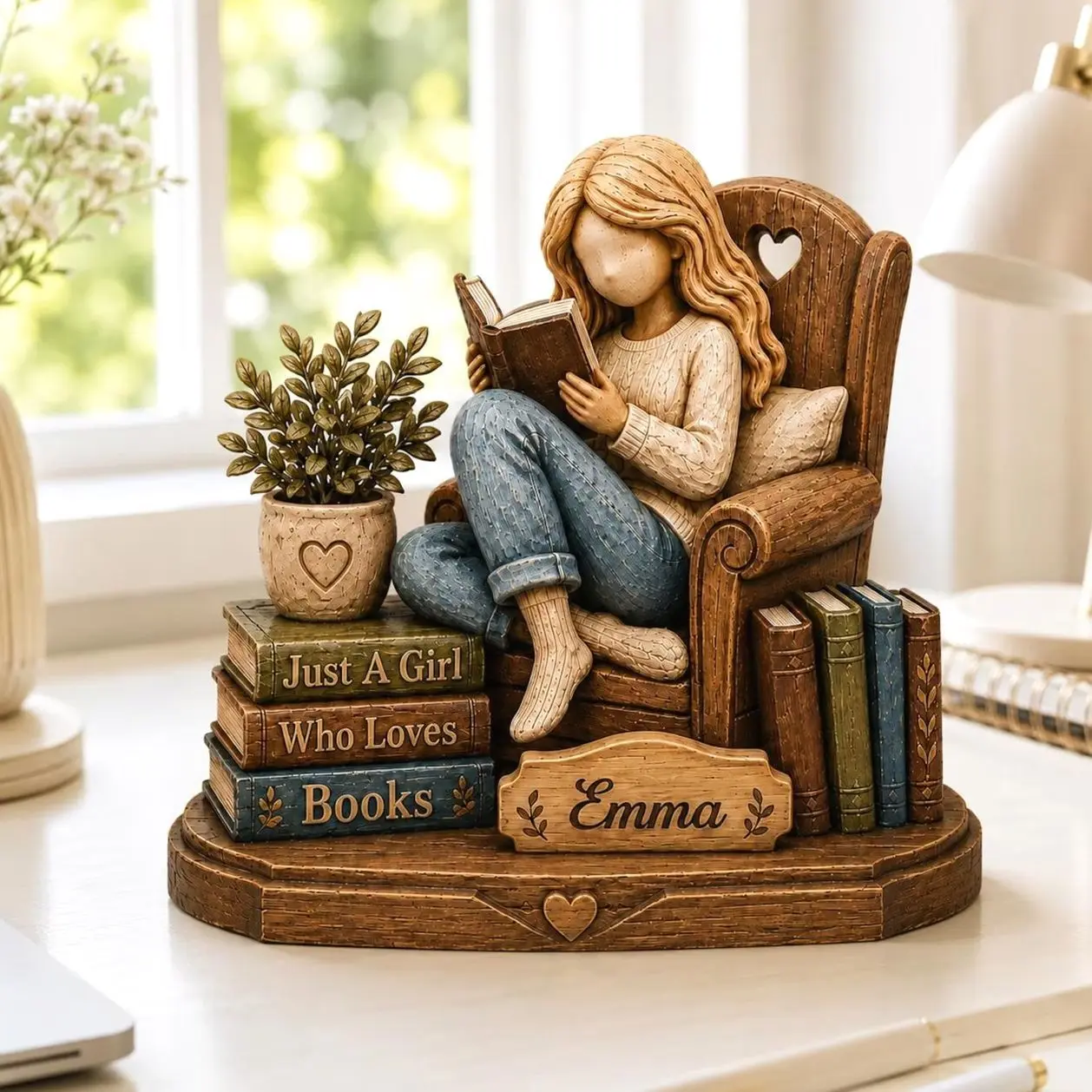 Personalized Book Lover Wooden Figurine, Custom Name Reading Girl Desk Decor, Bookshelf Decor, Gift for Reader Women