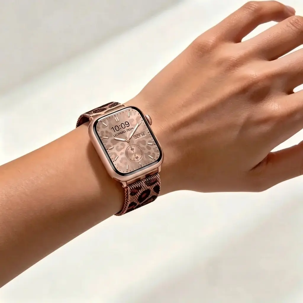 Women's Leopard Print Rose Gold Milanese Loop Smartwatch Band - Magnetic Mesh Metal Replacement Strap, Accessories for Wearable Smartwatch Fit Series 10 9 8 7 6 5 4 SE Ultra 1 2, 38/40/41mm 42/44/45/49mm