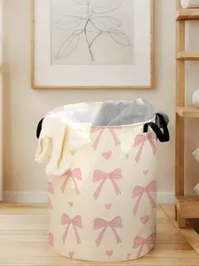 Laundry Basket with Bowknot Print and Handles, Durable Material and Foldable Design, Large Capacity Storage for Clothes and Toys, Laundry Basket Organizer