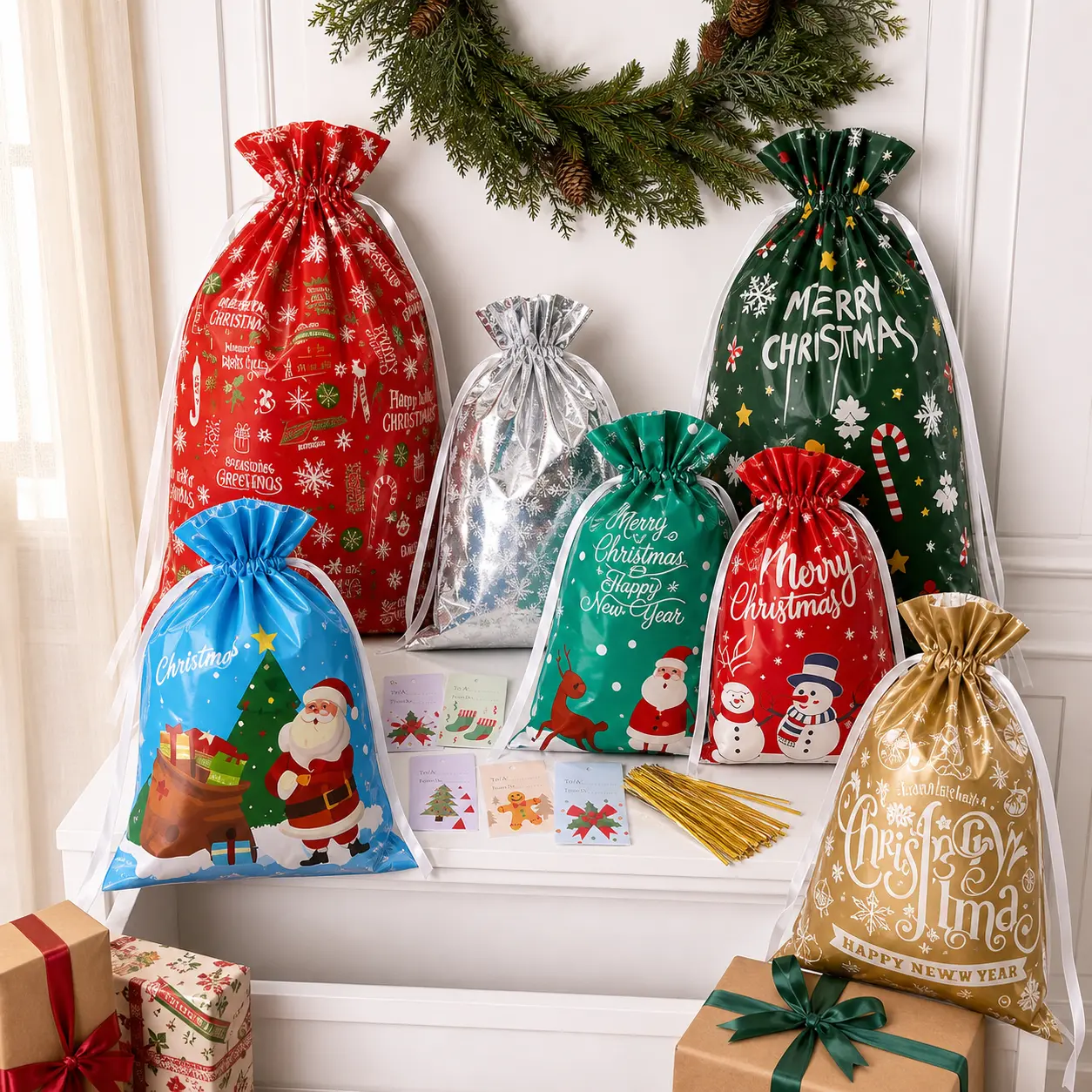 50-piece Gift Bag & Tags Set, Colorful Drawstring-Shiny Aluminum Foil Reusable Material for Gifts Wrapping & Xmas Decorations