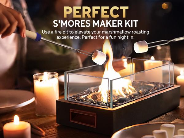 Rantizon Tabletop Fire Pit, Stainless Steel Table Top Firepit with Cobblestone & Protective Glass, Portable Smokeless Indoor & Outdoor Table Fireplace with Handle for Dinner Parties, Smores Maker