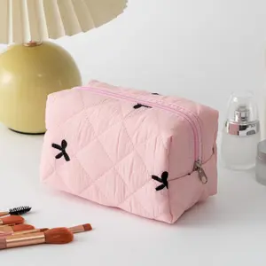 Bow Quilted Lipstick Storage Pouch - Women's Cosmetic Organizer Bag for Earphones, Data Cables & Makeup