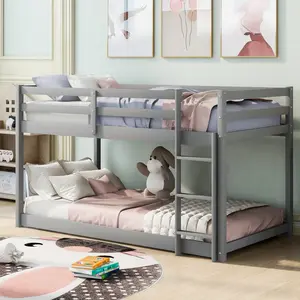 Low Bunk Beds Twin Over Twin, Wood Twin Bunk Bed Frame with Safety Rail Ladder for Kids Bedroom, White Loft Bed for Boys Girls Toddlers Floor