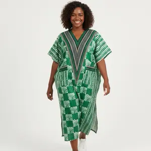 Green African Print Kaftan Dress with V-Neckline Aso oke  and Short Sleeves for Women