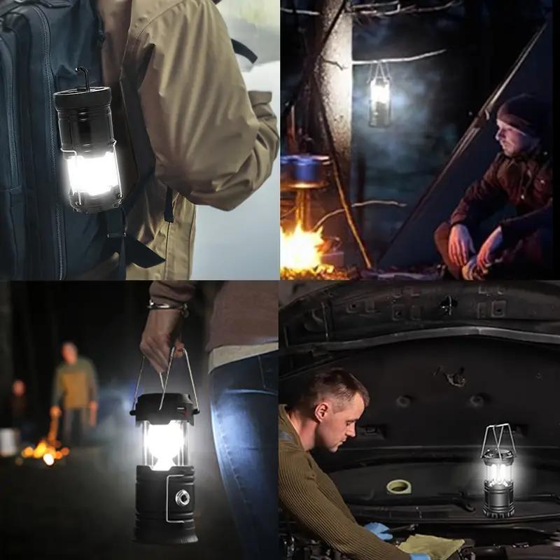 Solar Camping Lantern 4-Pack - Rechargeable 100 Lumen Max LED Emergency Lights, Magnetic Base, Foldable Hanging Hook, Collapsible Compact ABS Plastic Lamp with Power Bank for Camping, Power Outages - Gift Set, Collapsible Form