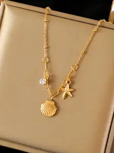 1Pcs Stainless Steel Starfish Shell Zircon Pendant Necklace For Women Fashion New Gift Gold Color Neck Chain Jewelry Elegant Necklace