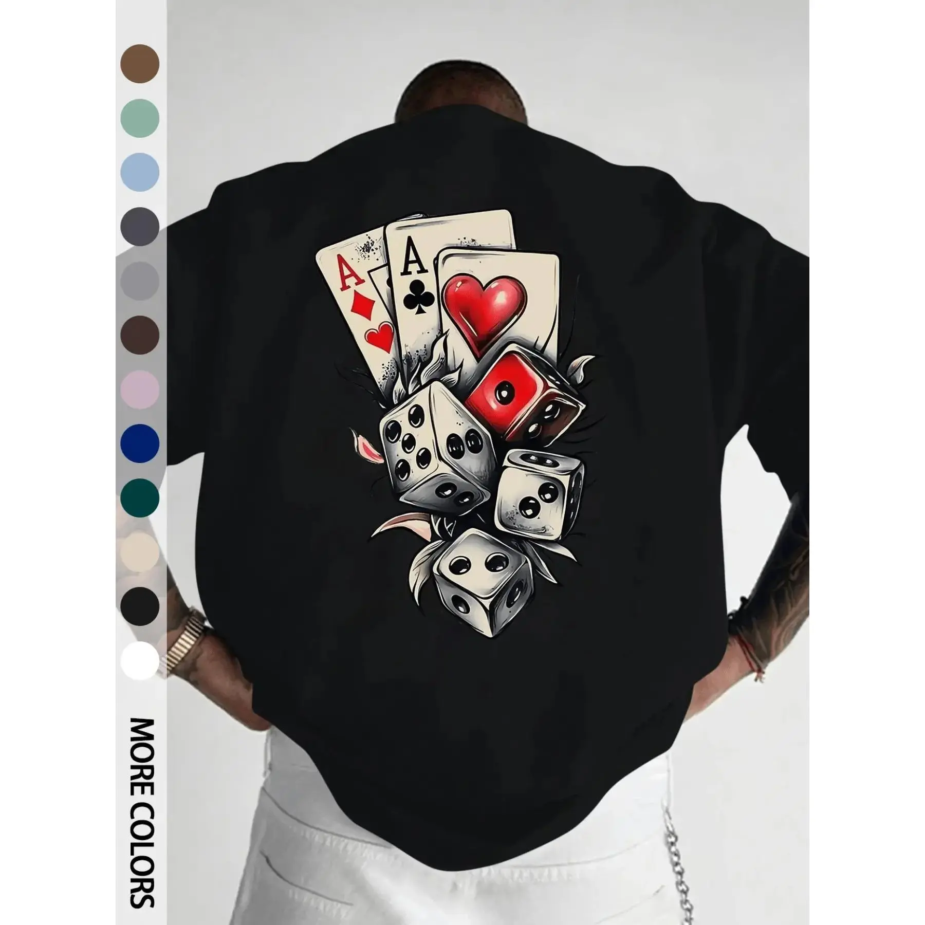 Men's Casual Sports Short-Sleeve Graphic T-Shirt, Poker A & Dice Print, Comfortable Round Neck Menswear Clothes, Loose Fit for Outdoor Gym Use, Men's T Shirts, Male Clothing, Tops