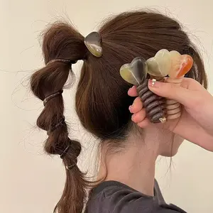 Heart Acrylic Spiral Hair Ties for Women, Tortoiseshell Pattern Telephone Cord Hair Coils