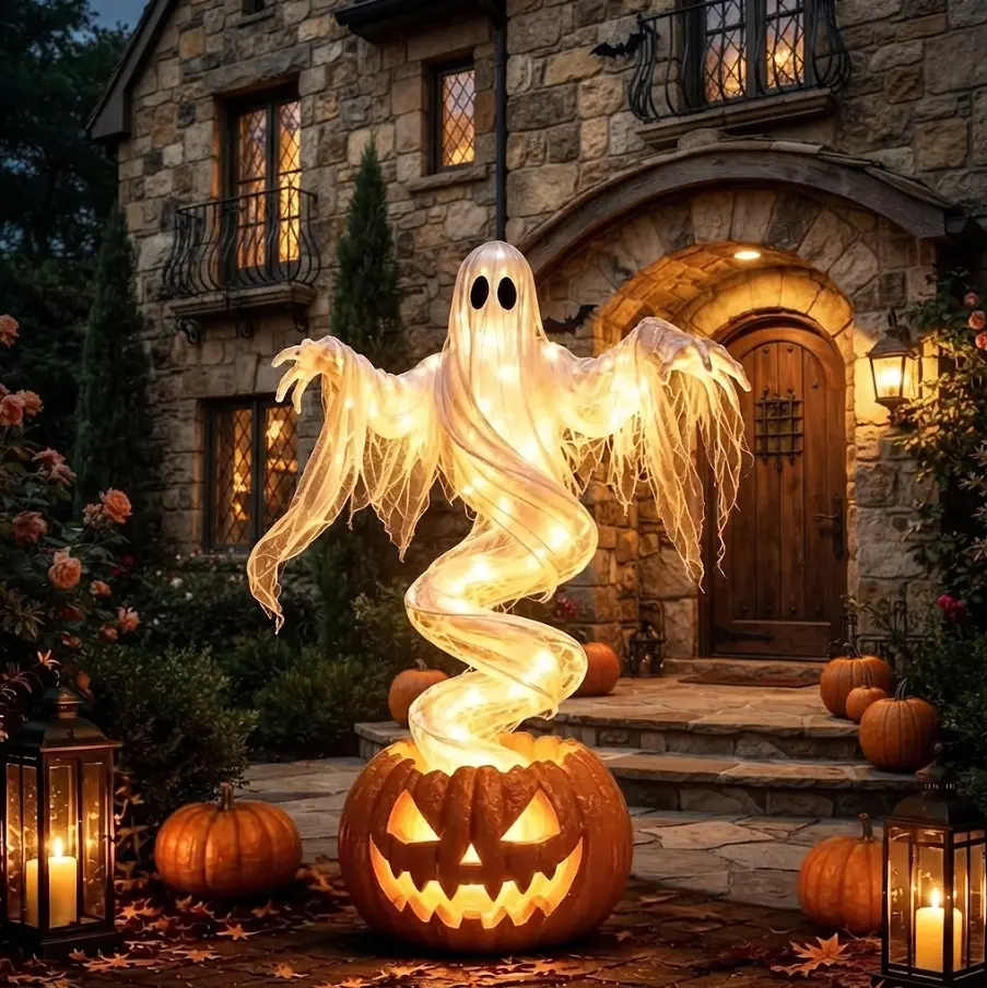 Giant Light-Up Halloween Ghost Emerging from Pumpkin – Spooky Outdoor Yard Decoration with Warm LED Lights, Waterproof Lawn Ornament for Front Porch, Pathway, Yard, Party Display, Eye-Catching Holiday Gift for Trick-or-Treaters & Visitors