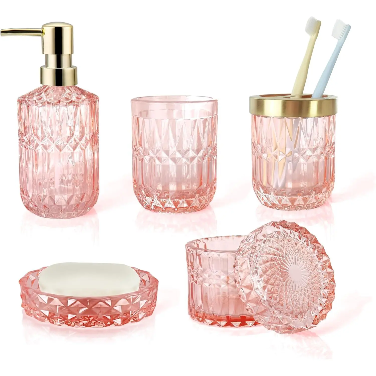 5pcs Clear Glass Bathroom Accessories Set - Blush Pink, Includes Soap Dispenser, Toothbrush Holder, Soap Dish, Tumbler, Qtips Holder, Modern Bathroom Decor Ideas, Ideal Gift Set for Camping & Hiking Tent Use