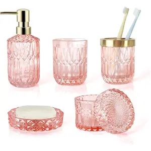 5pcs Clear Glass Bathroom Accessories Set, Crystal Pink Bathroom Decor Set, Soap Dispenser, Toothbrush Holder Set, Soap Dish, Tumbler, Qtips Holder, Modern Decor for Bathroom, Gift Set