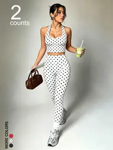 Women's 2-Piece Yoga Set, Casual Sporty Halter Top & Slim Long Pants, Polka Dot Pattern, Summer Wear, Comfortable & Breathable, Summer Lounge Tracksuit