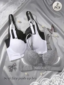 Ecomilky Elegant Lace Bra Set for Adults - 3 Piece Push-Up Bras with Non-Removable Padding & Underwire Support - Breathable Fabric for All-Day Wear Black Fit Style White Elegance Classy push up bra push up bra bra bras for women