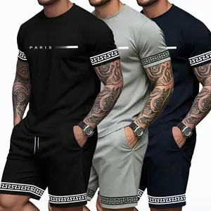 Men’s Greek‑Key Paris Print 2‑Piece Set, Casual Short Sleeve & Shorts Luxury Streetwear Outfit,Luxury Geometric Striped Matching Outfit, Elastic Waist Relaxed‑Fit Summer Short Set,Clothes Man Menswear Set Top Breathable Casual Classic Day Evening