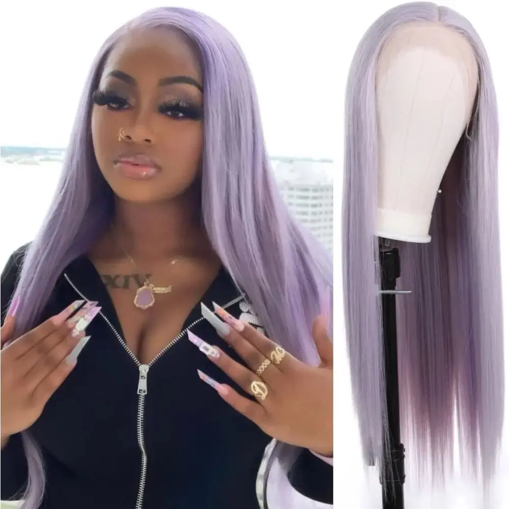 Lavender Purple 13×4 Lace Front Synthetic Wig – Long Straight 24 Inch, Heat-Resistant Fiber, Pre-Plucked Natural Hairline, Breathable Cap, Lightweight, Tangle-Free, Versatile for Daily Wear, Party, Cosplay, and Office Use