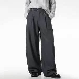Relaxed Fit Pleated Trousers Men Adjustable Waist Straight Leg Casual Pants Plain Menswear