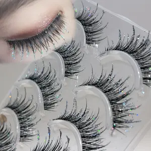 Thai Style Rhinestone False Eyelashes, 5 Pairs Cross Fiber Long Natural Dense, Glass Sparkle Effect, Nude Wearable Wild Realistic, Music Festival Makeup