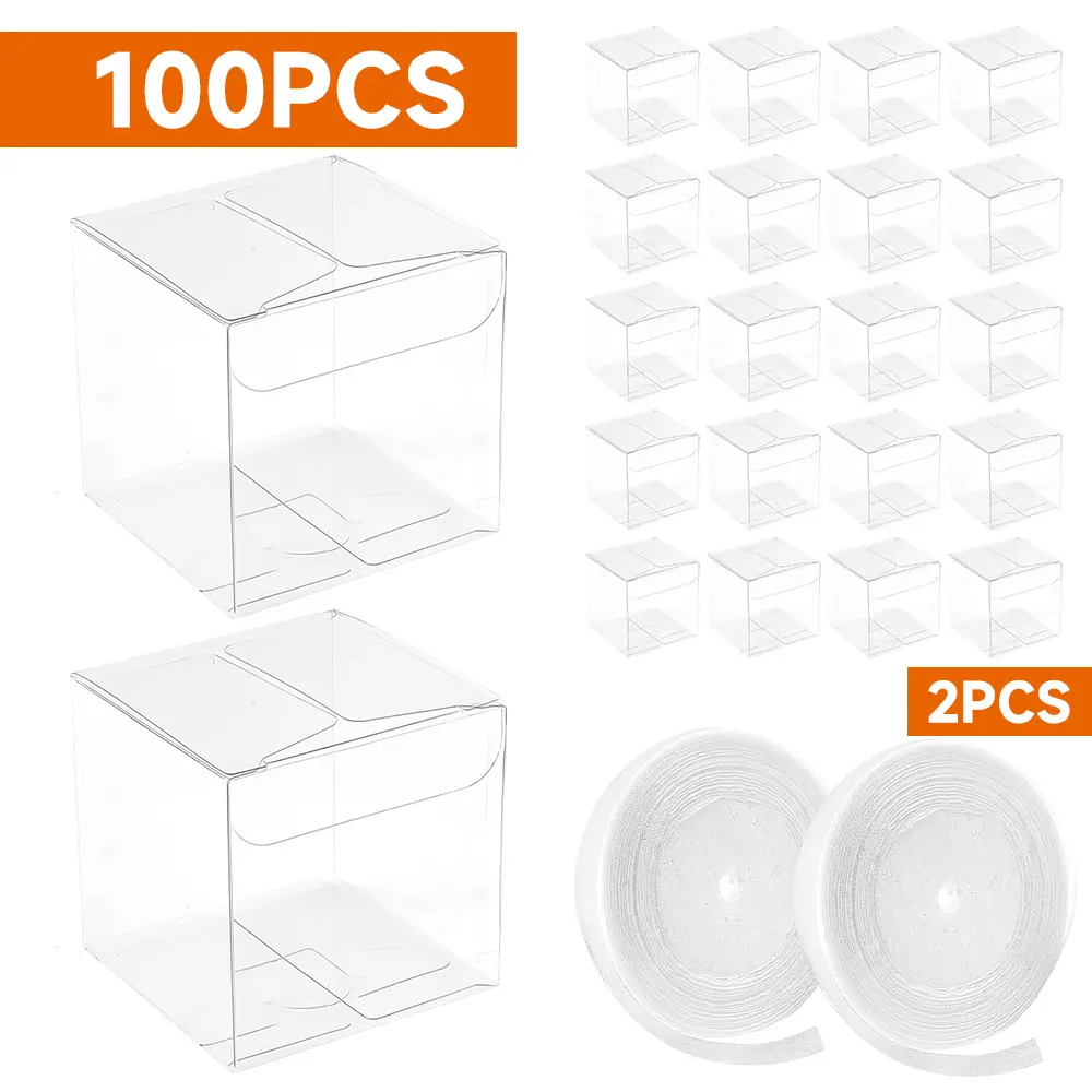 100Pcs Transparent Cube Shape Mini Favor Boxes (2x2x2 in) with 2 Gift Ribbons, for Wedding Birthday Party Small Gifts Display - Home Improvement Building Supplies