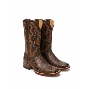 Men's Brown Wide Square Toe Hand-Tooled Print Boots, Men's Shoe & Footwear