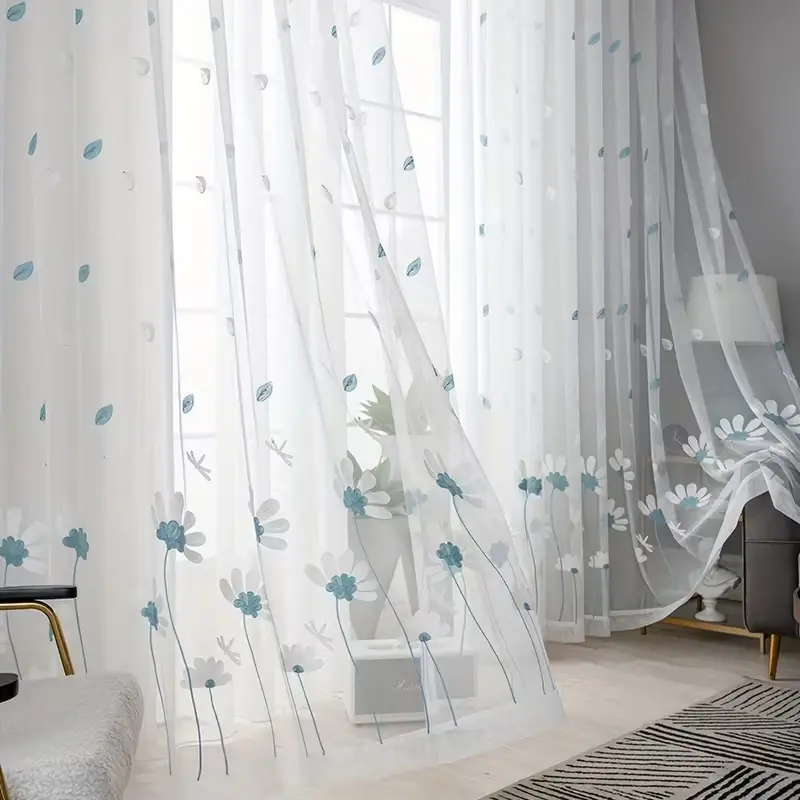 1pc Fresh Country Style Embroidered Sheer Curtain, Home Decoration Curtain, Lightweight and Soft Light Filtering Fabric, Suitable for Bedroom Balcony Decor Window Curtains