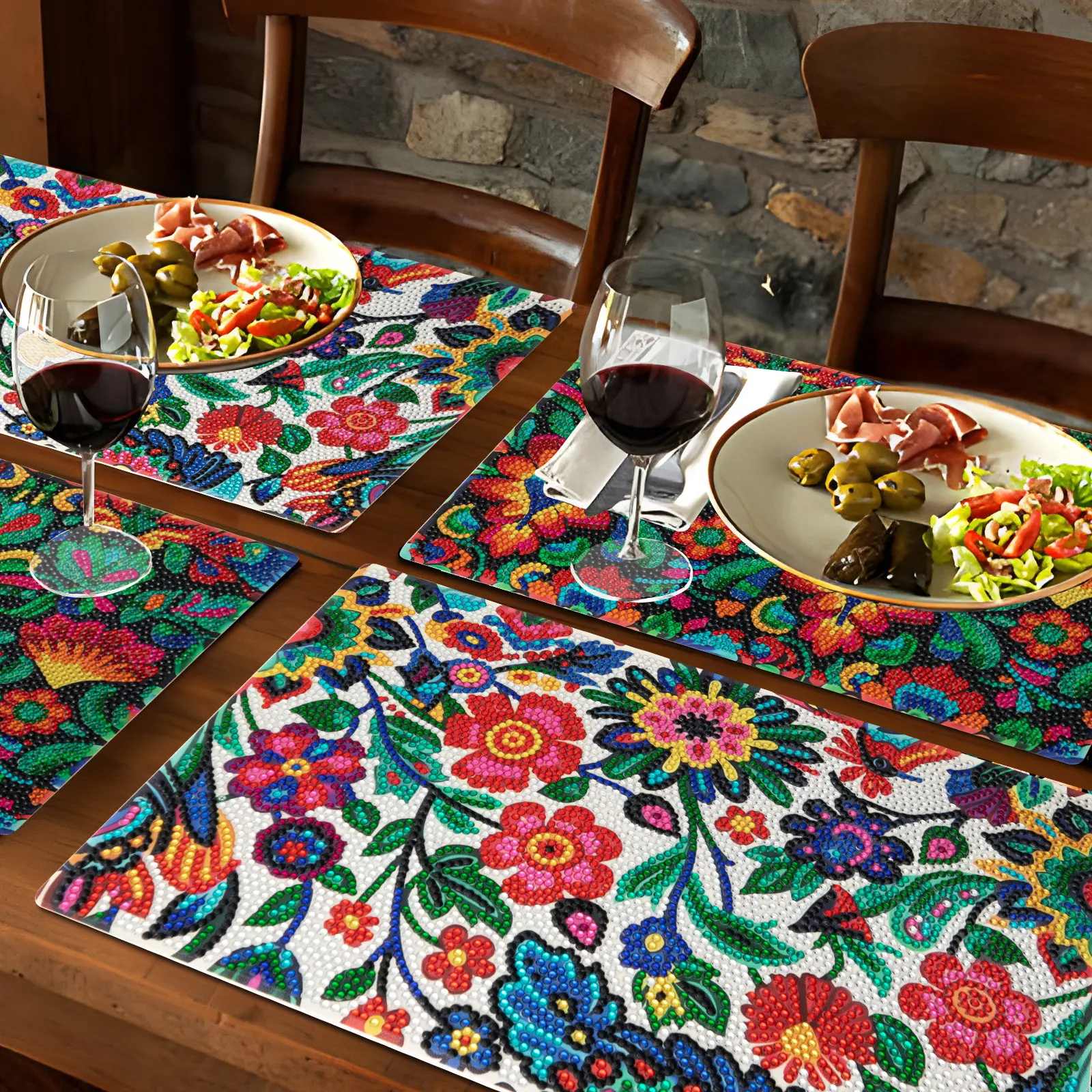DIY Mexican Floral Pattern Diamond Art Table Placemat Kit - 4-Piece Household Dining Table Mats Set for Needlework Hobbies, Handmade Decor, Table Placemats, Floral Pattern Placemat