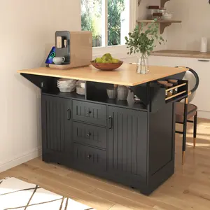 SZLIZCCC Rolling Kitchen Island Cart with Power Outlet & Drop Leaf - 55.7'' Folding Table, Steel Frame Storage Organizer for Small Kitchen, Spice Rack, Drawers, Dining Room (Black)